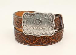 A1020467 | ARIAT MEN'S BLACK/TAN FLORAL EMBOSSED BELT