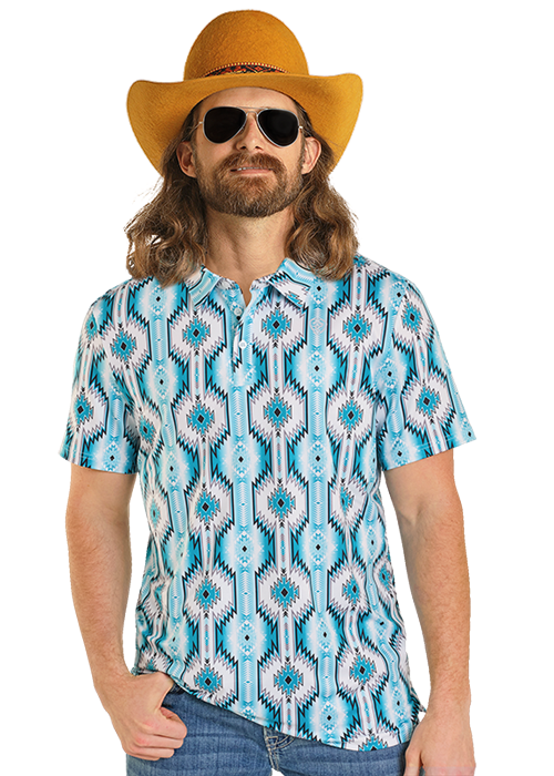 BM51T08335 | ROCK & ROLL MENS TURQUOISE AZTEC PRINTED POLO