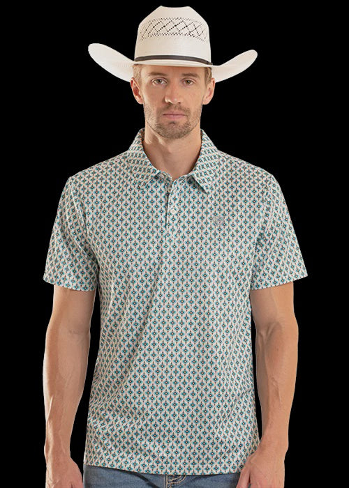 BM51T08713 | ROCK & ROLL MENS TEAL MINI AZTEC GEO POLO