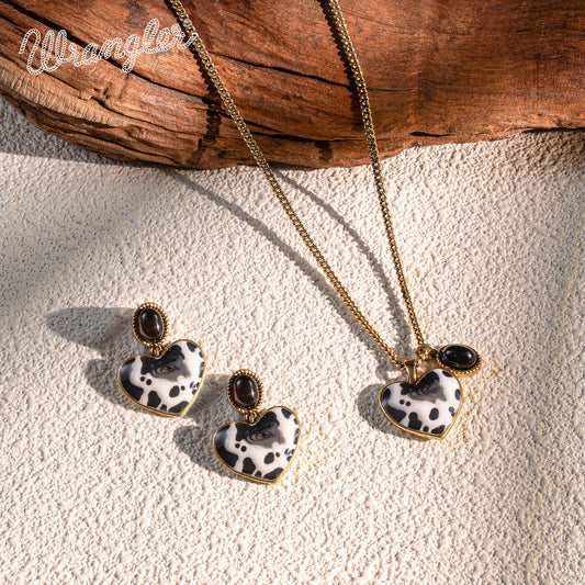 WNS2-1129G-BK | WRANGLER GOLD COW PRINT 2PC NECKLACE SET - BLACK STONE
