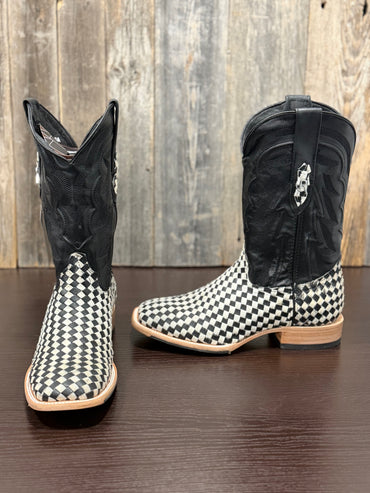 RANCHERS COWHIDE BASKETWEAVE BLACK AND WHITE HYBRID SOLE MUSTANG TOE BIG SQUARES