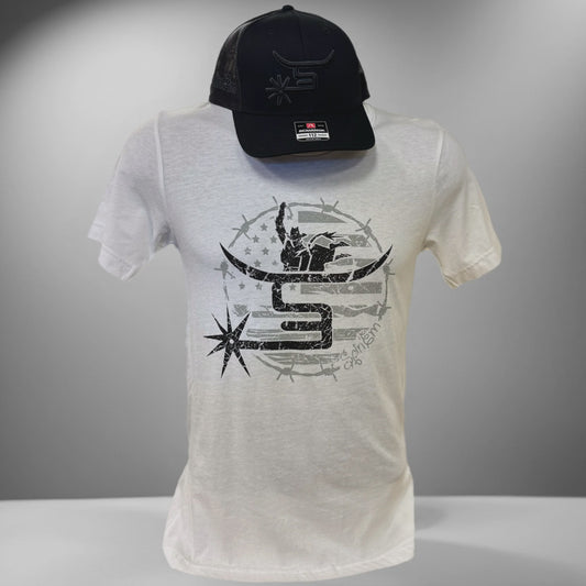 SPIN'EM MEN'S WHITE BULL RIDER S/S T-SHIRT
