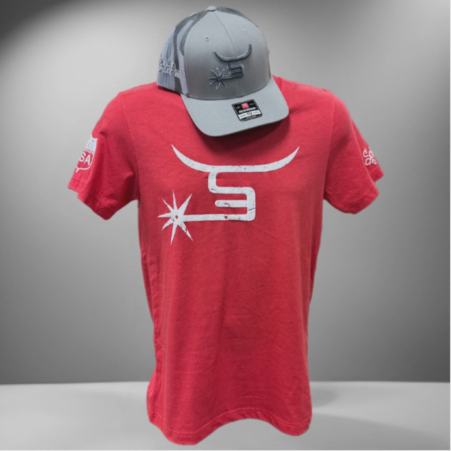 SPIN'EM MEN'S RED S/S T-SHIRT - WHITE SPUR LOGO