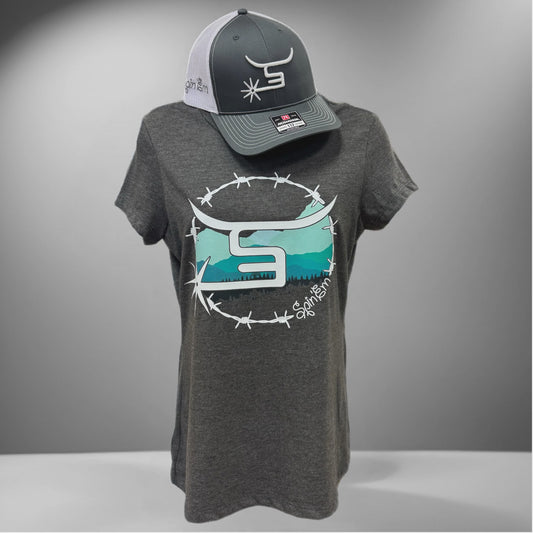 SPIN'EM LADIES HEATHER GREY MOUNTAIN WITH WHITE SPUR LOGO S/S T-SHIRT