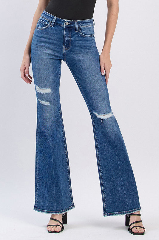 T6658 | VERVET WOMEN'S HIGH-RISE DISTRESSED CLASSIC FLARE JEANS- MEDIUM WASH