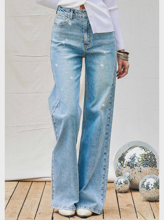 XPT302-R | WOMENS RHINESTONE HIGH RISE WIDE LEG JEAN
