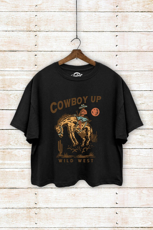 TC550-Y4326 | WOMENS BLACK COWBOY UP CROPPED TEE