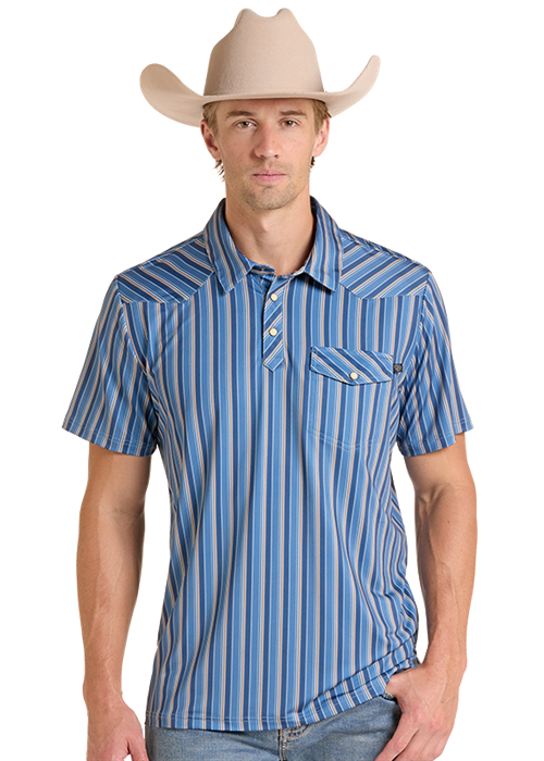 BM51T09590 | ROCK & ROLL MENS BLUE STRIPED WESTERN POLO