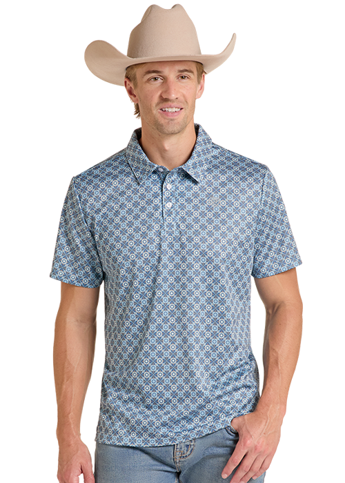 BM51T09598 | ROCK & ROLL MENS AQUA MEDALLION PRINTED POLO