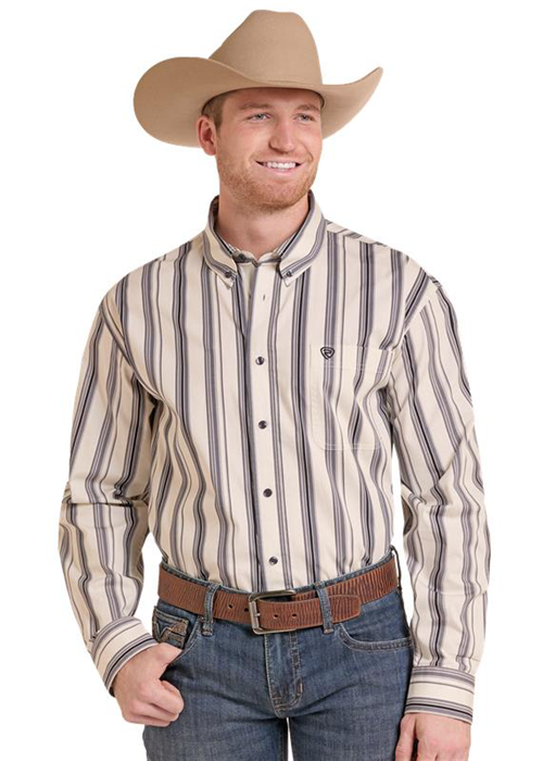 BMB2S09650 | ROCK & ROLL MENS NATURAL STRIPED L/S BUTTON UP