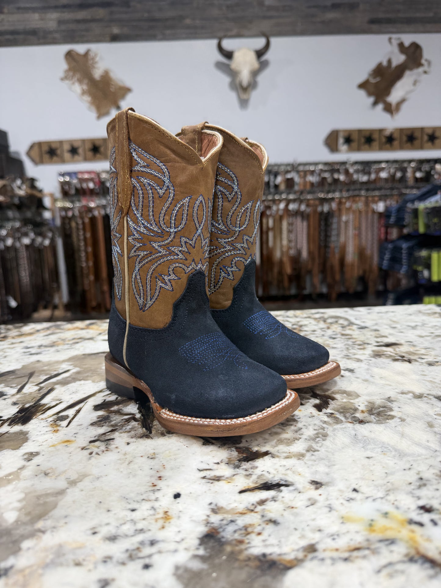 TMK205472 | TANNER MARK “BANDIT” KIDS NAVY BLUESUEDE BROWN CAMEL TOP BOOT