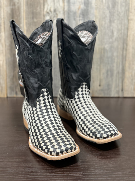 RANCHERS COWHIDE BASKETWEAVE BLACK AND WHITE HYBRID SOLE MUSTANG TOE BIG SQUARES