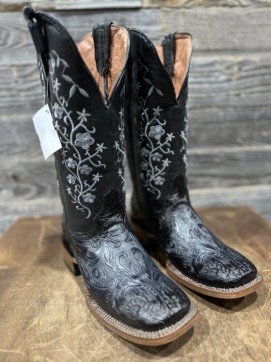 TML205142 / TANNER MARK WOMEN'S CARMEN FLORAL HANDTOOLED BURNISHED BLACK BOOT