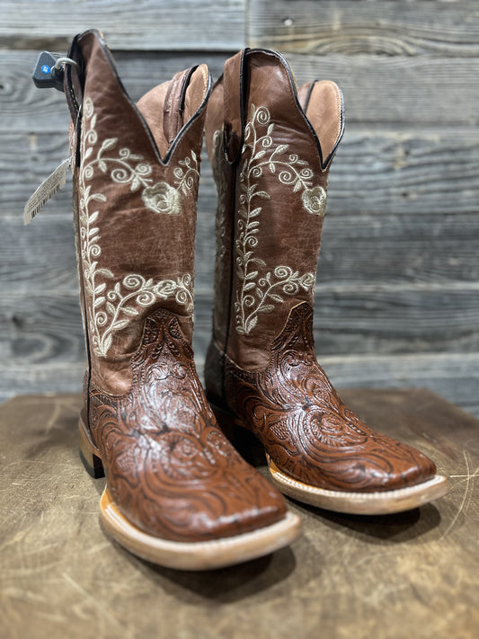 TML205084 | TANNERMARK WOMENS CONROE HAND TOOLED COGNAC FLORAL EMB BOOT