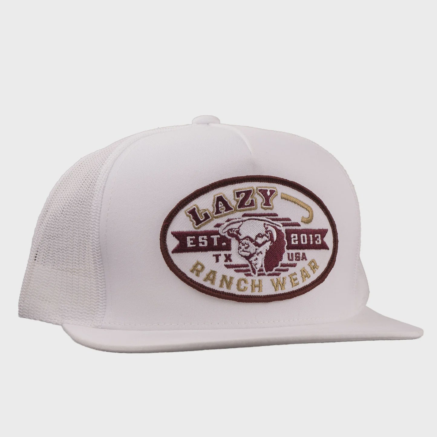 LAZY J RANCH WHITE CATTLE KING CLASSIC FIVE PANEL TRUCKER HAT