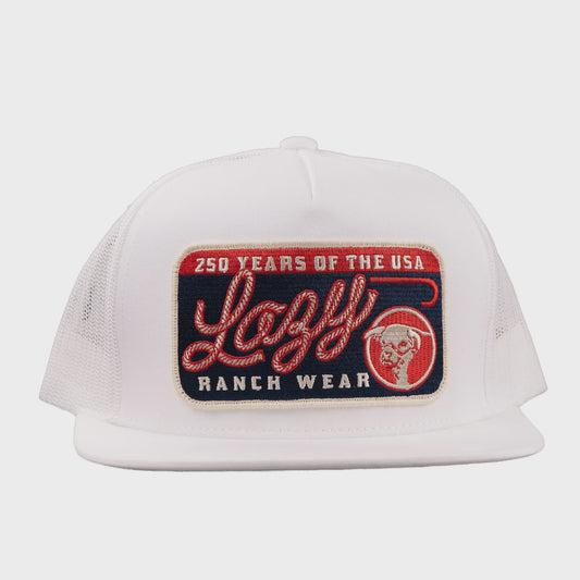 LAZY J RANCH WHITE HERITAGE CLASSIC FIVE PANEL TRUCKER HAT
