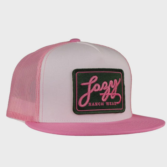 LAZY J RANCH WHITE PINK BREAKAWAY PATCH TRUCKER CAP