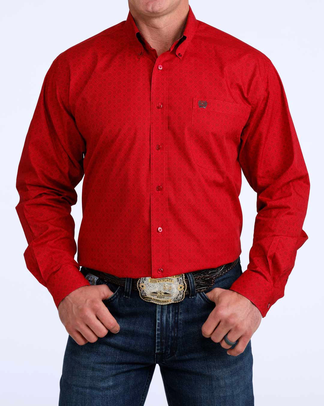 MTW1106174 | CINCH MENS RED LS PLAIN WEAVE PRINT BUTTON UP