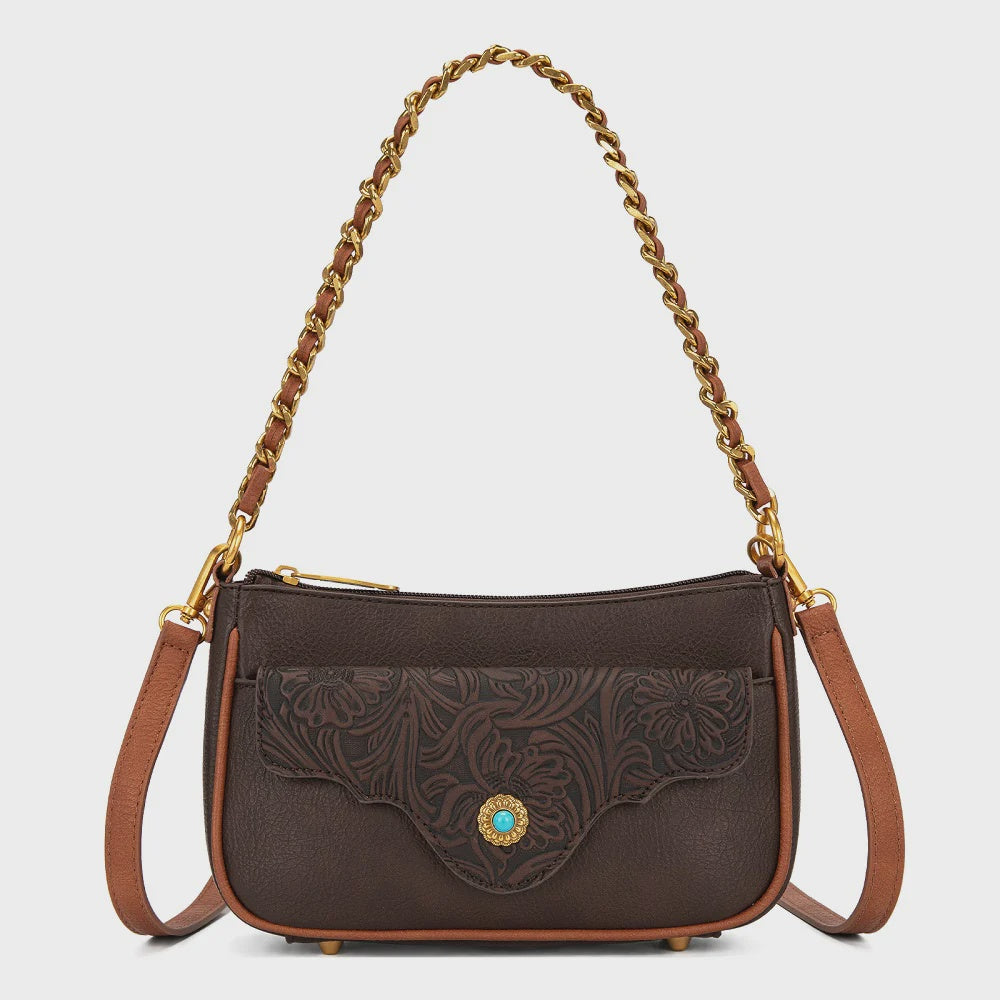 MW1362-818CF | MONTANA WEST FLORAL TOOLED SHOULDER CHAIN CROSSBODY PURSE - COFFEE