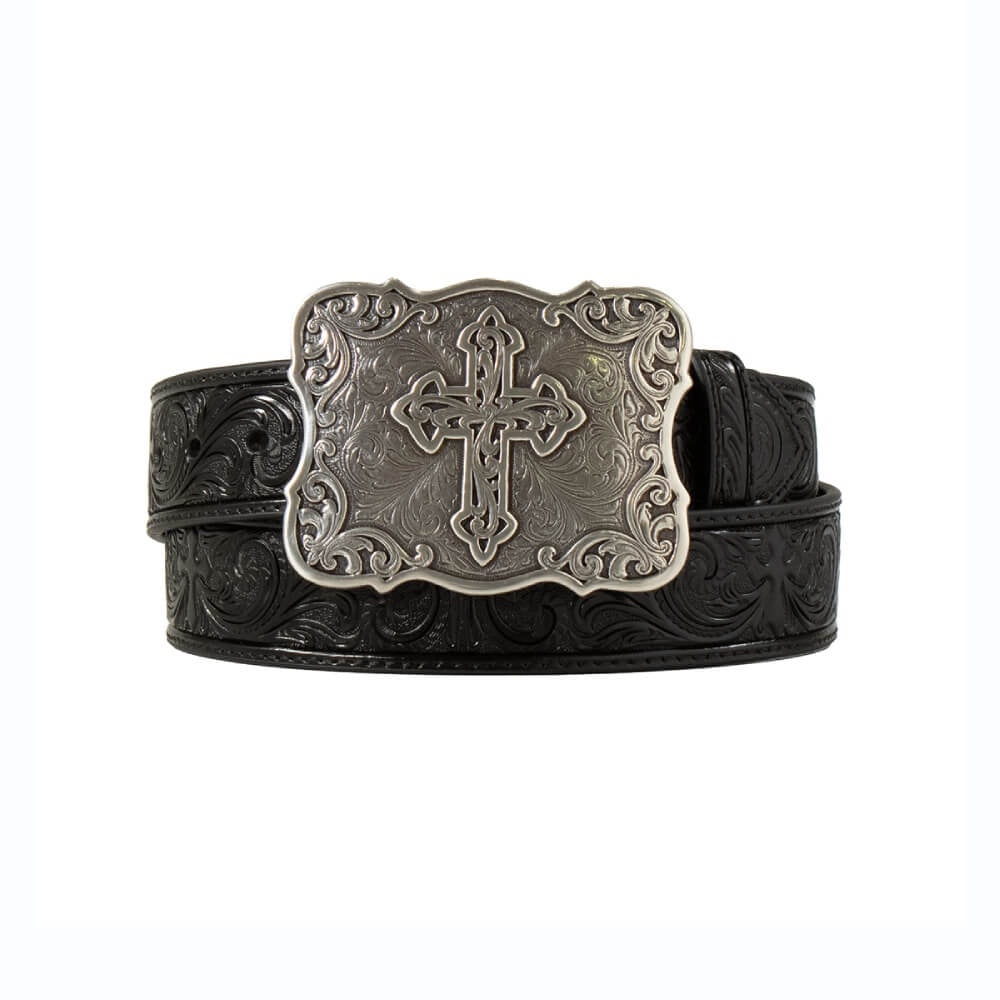 N3483801 | NOCONA WOMEN'S BLACK EMBOSSED BELT W/ SQUARE CROSS BUCKLE