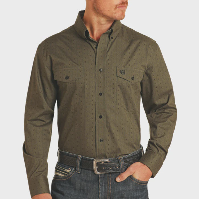 PMB2S04850 | PANHANDLE MEN'S GREEN OLIVE LS BUTTON UP SHIRT