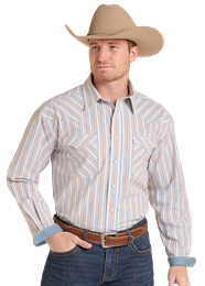 RMN2S09527 | ROCK&ROLL MEN'S 2 POCKET STRIPE PRINT L/S SNAP SHIRT - TURQUOISE