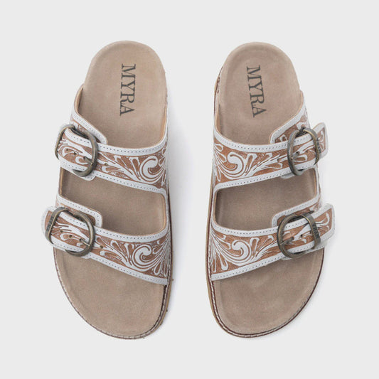 S-12728 | MYRA MARLOWE WESTERN HANDTOOLED LEATHER SANDALS - IVORY BLOOM