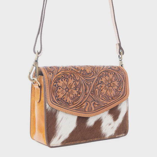 S-13799 MYRA BRIDLE BLOSSOM HANDTOOLED HAIR ON LEATHER BAG