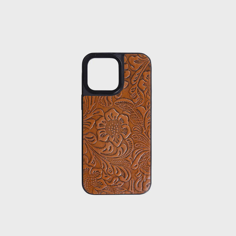 S-9699-EMBOSSED | MYRA IPHONE 14 PRO MAX BROWN EMBOSSED PHONE CASE