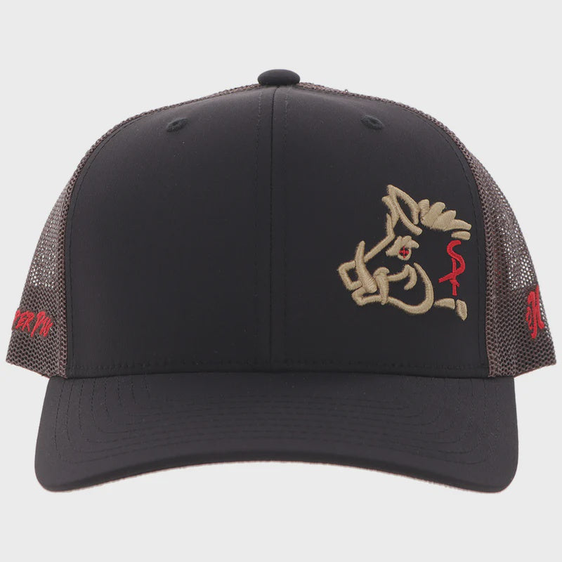 SP2601T-BKBR | HOOEY SNIPER PIG BLACK/BROWN 6 PANEL TRUCKER WITH TAN/RED SNIPER PIG LOGO CAP