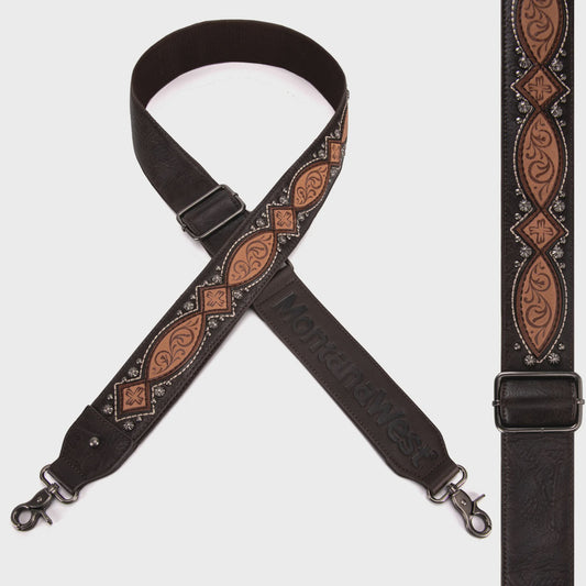 PST-2012CF | MONTANA WEST STRAP COFFEE-CROSSBODY- GUITAR STYLE TOOLED