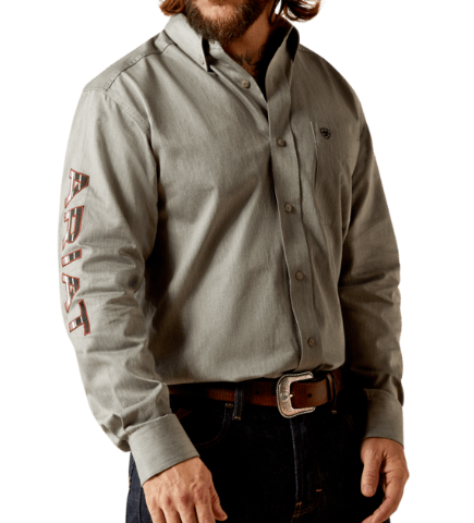 10053953 | ARIAT MEN'S GREY BLACK TEAM LOGO TWILL CLASSIC FIT LS SHIRT