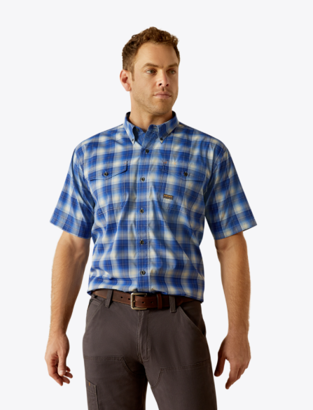 10058537 | ARIAT MENS REBAR MADE TOUGH VENTTEK DURASTRETCH S/S WORK SHIRT - STRONG PLAID BLUE