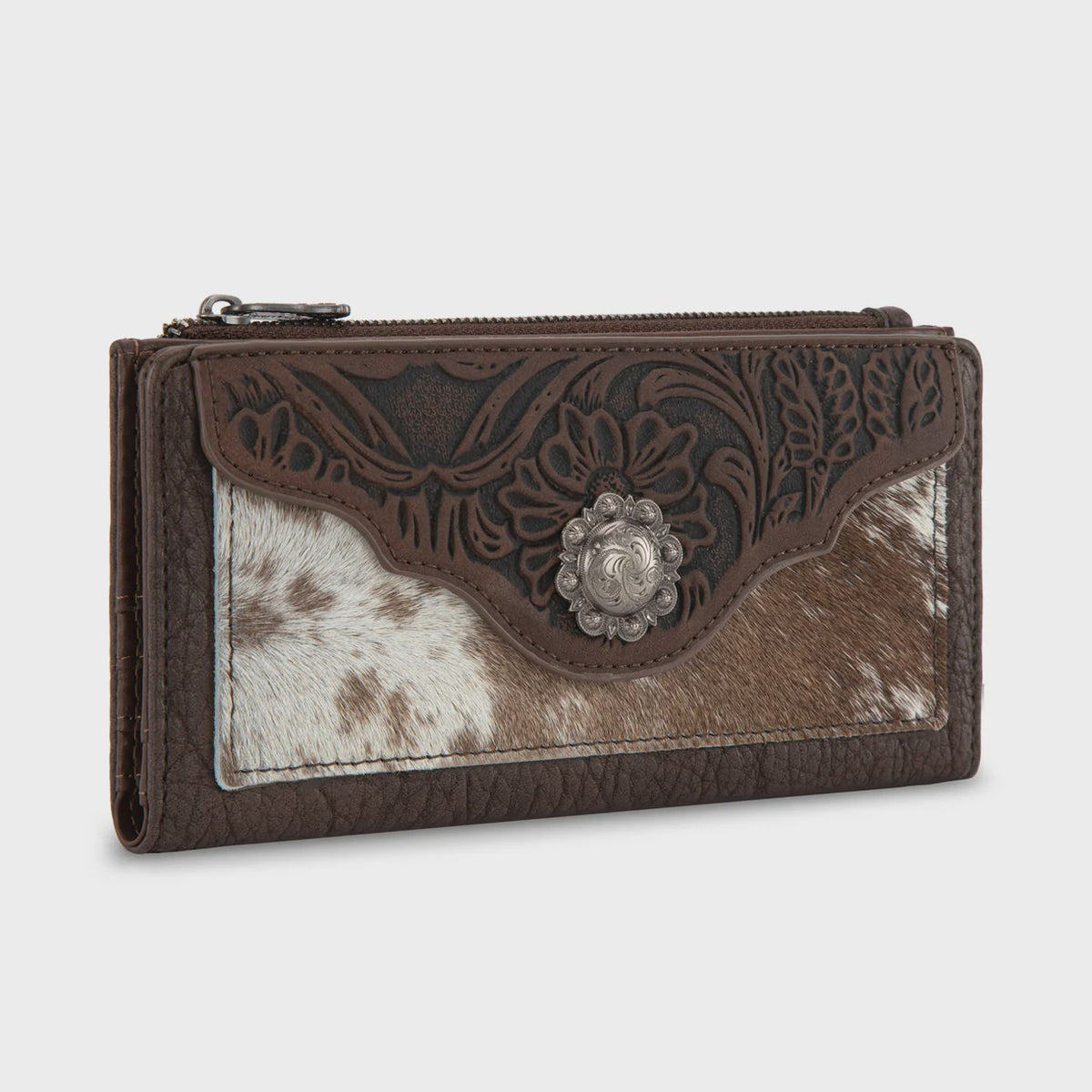 TR203-W2002CF | TRINTY RANCH HAIR-ON COWHIDE TOOLED WALLET - COFFEE