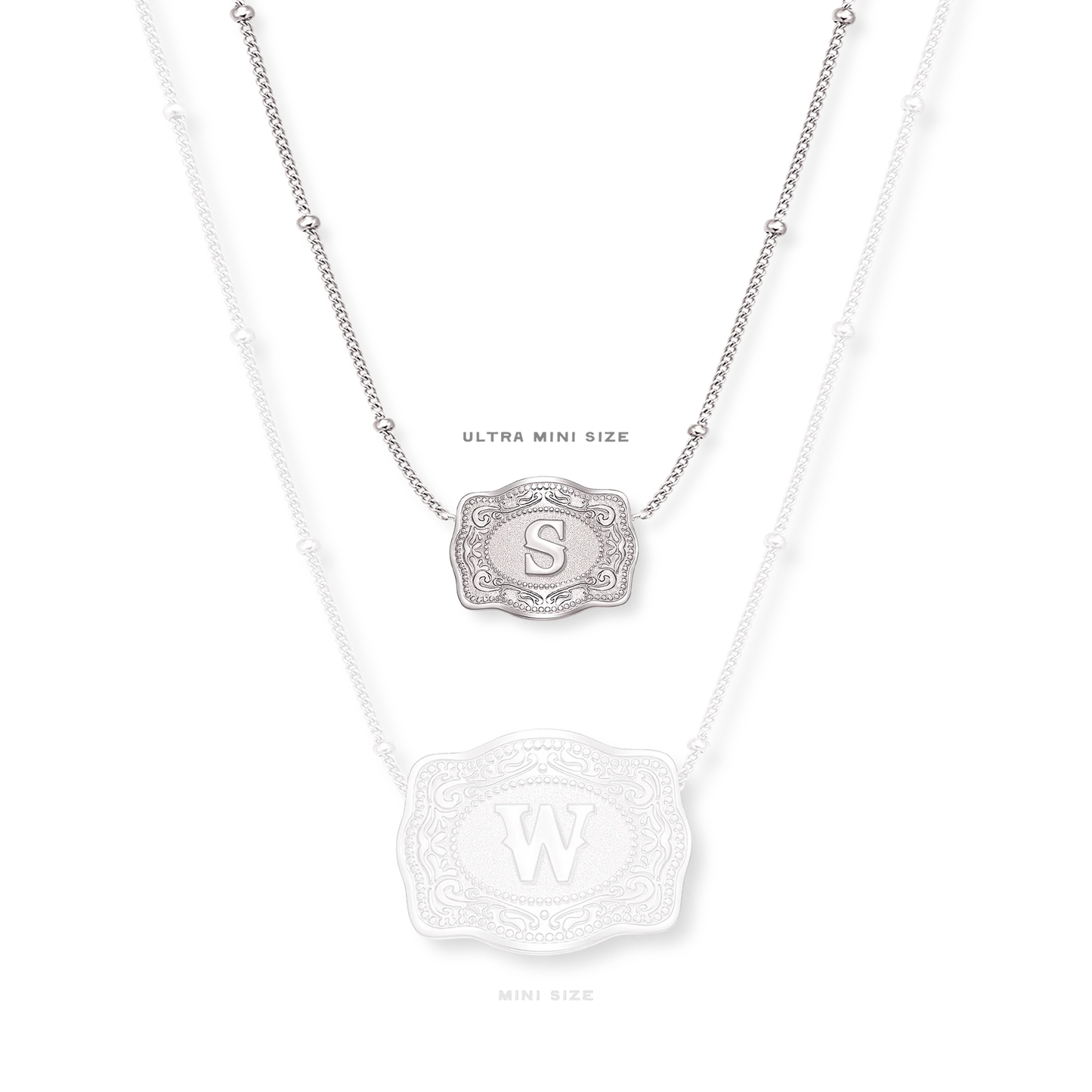 SPURWEST ULTRA-MINI SILVER INITIAL BELT BUCKLE NECKLACE - BEADED CHAIN