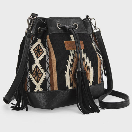 WG174-2029 WRANGLER SOUTHWESTERN KNITTED DRAWSTRING CROSSBODY BAG - BLACK