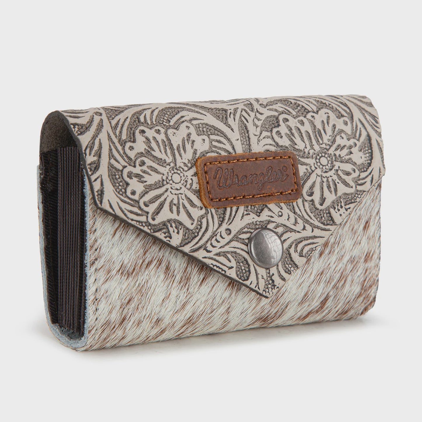 WG224-W070BG | WRANGLER BEIGE HAIR-ON COWHIDE FLORAL TOOLED CARD HOLDER