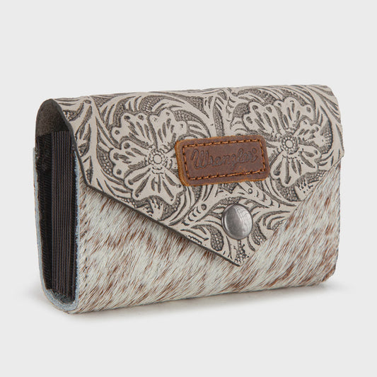 WG224-W070BG | WRANGLER BEIGE HAIR-ON COWHIDE FLORAL TOOLED CARD HOLDER