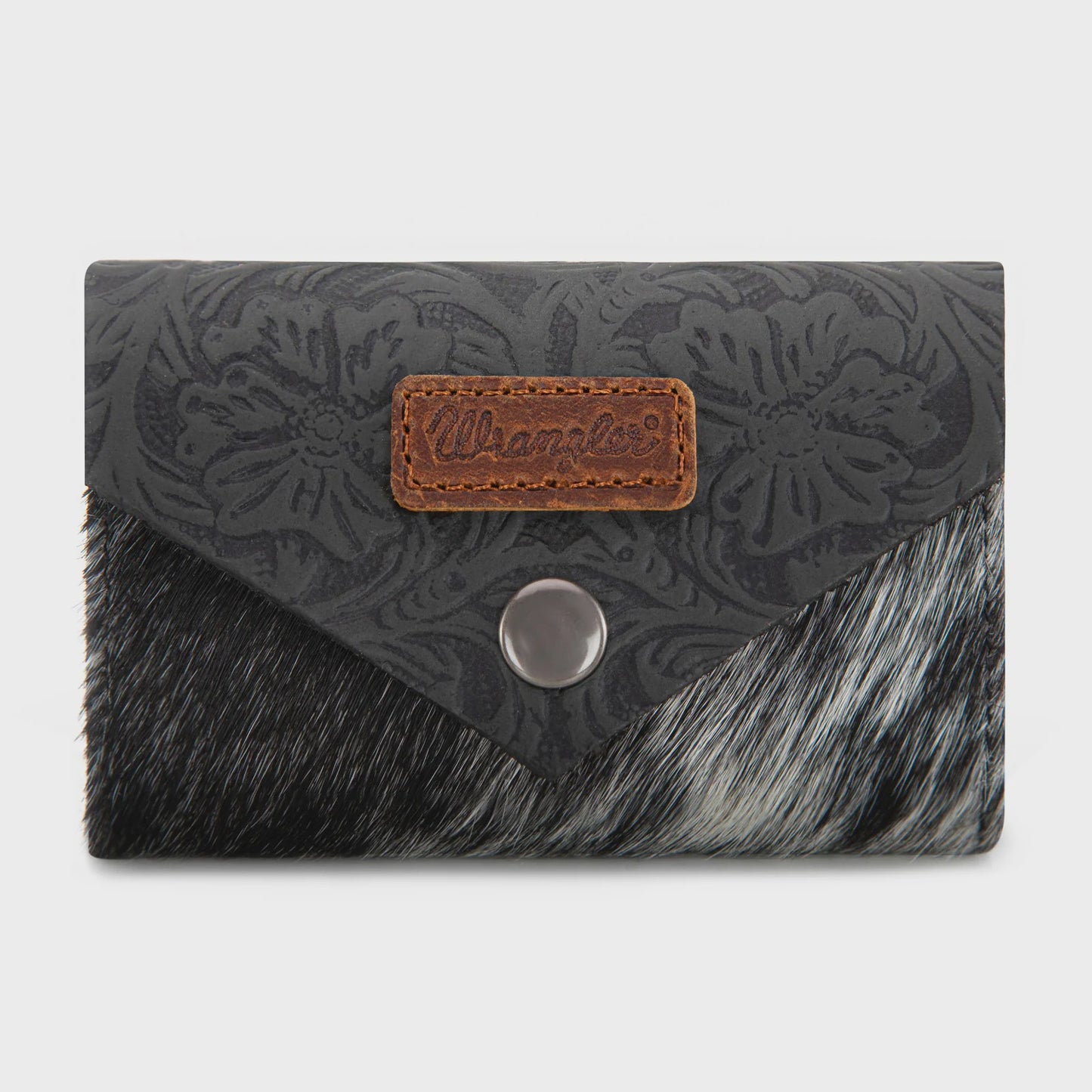 WG224-W070BK | WRANGLER BLACK HAIR-ON COWHIDE FLORAL TOOLED CARD HOLDER