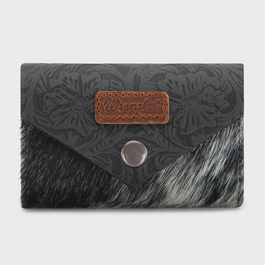 WG224-W070BK | WRANGLER BLACK HAIR-ON COWHIDE FLORAL TOOLED CARD HOLDER