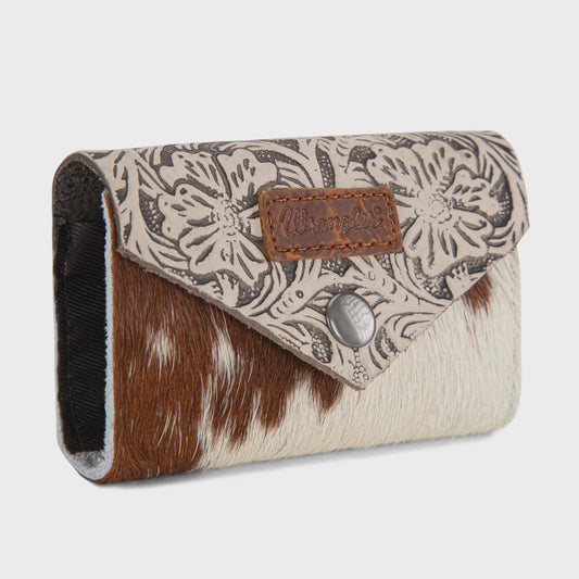 WG224-W070TN | WRANGLER TAN HAIR-ON COWHIDE FLORAL TOOLED CARD HOLDER