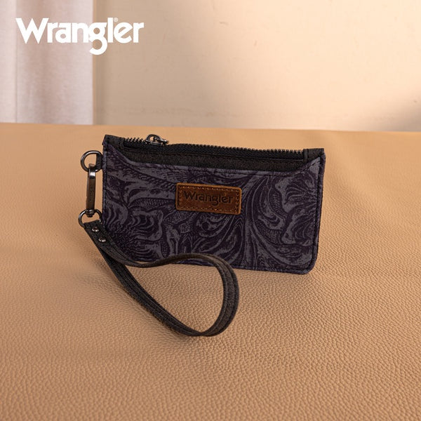 WG227-W075BK | WRANGLER BLACK VINTAGE FLORAL VELVET MINI ZIP CARD CASE WRISTLET