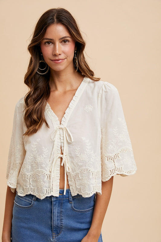 AT2643 | WOMENS FLORAL EMBROIDERY FRONT TIE BLOUSE