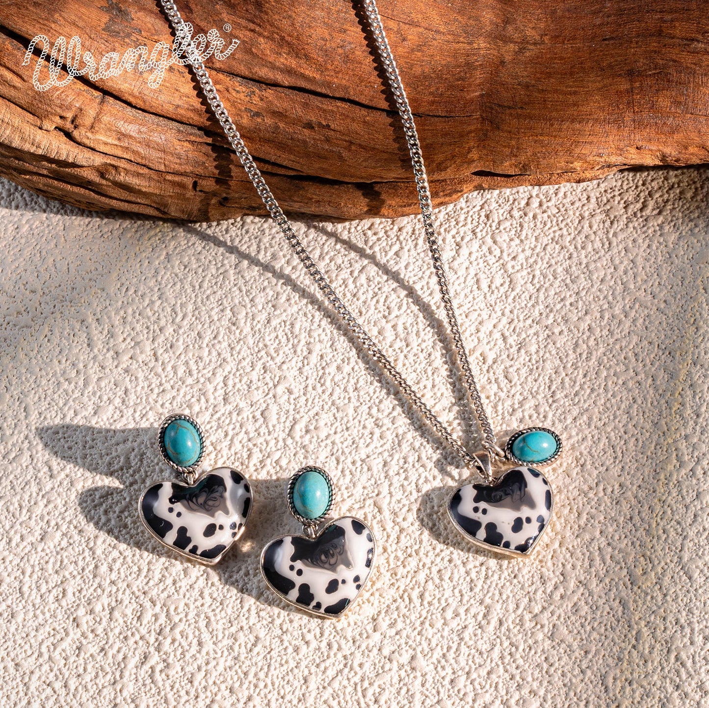 WNS2-1129G-TQ | WRANGLER GOLD COW PRINT GOLD 2PC NECKLACE SET - TURQUOISE STONE