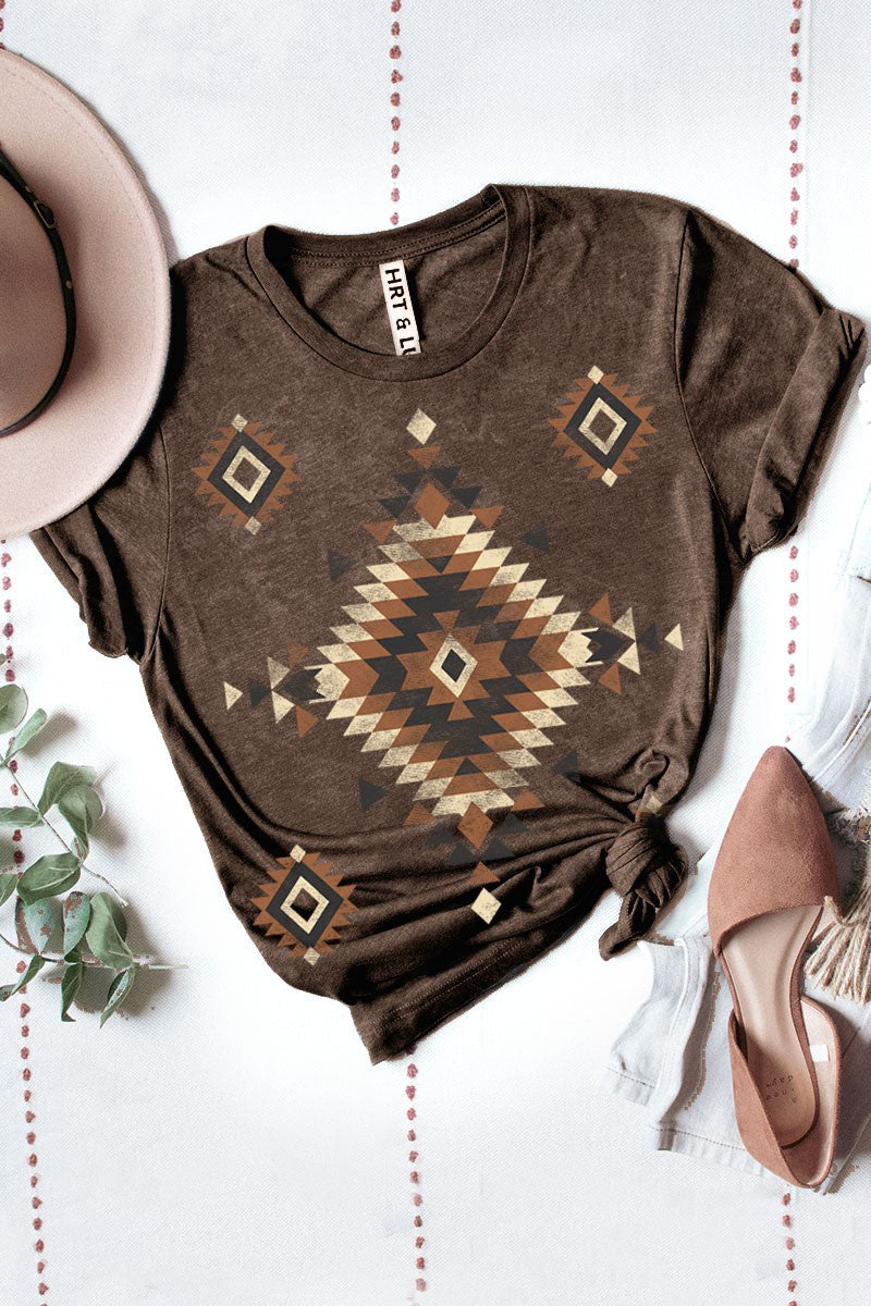 HL8762CR | HRT&LUV WOMEN'S SOUTHWESTERN TRIBAL PATTERN MINERAL GRAPHIC TEE