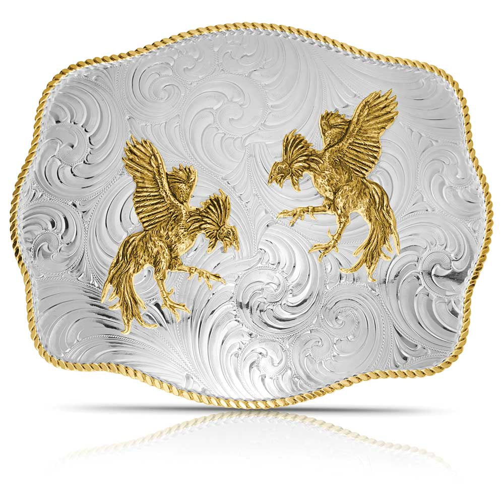 1707 | MONTANA SILVERSMITH EXTRA LARGE SCALLOPED FIGHTING ROOSTERS BUCKLE