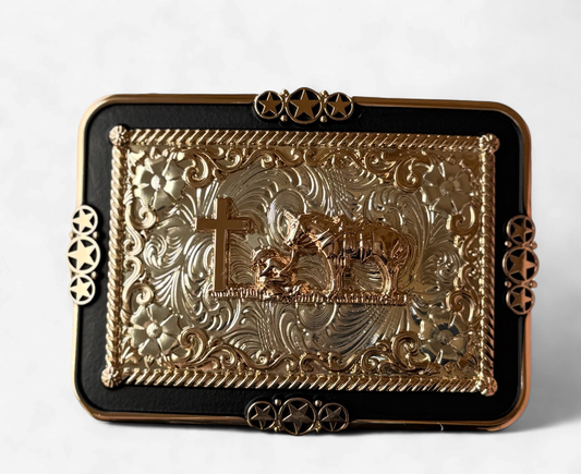 PRAYING COWBOY BLACK BORDER BUCKLE