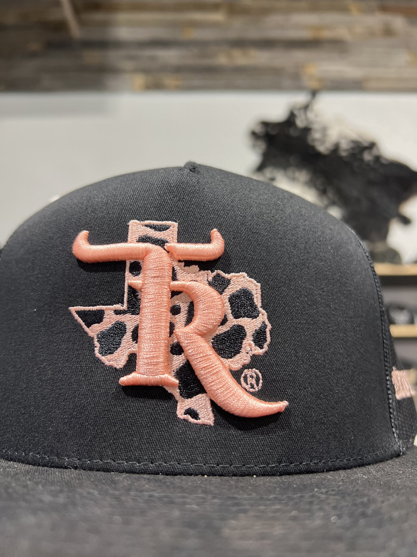 TEXAS RANCH PINK COW PRINT ALL BLACK CAP
