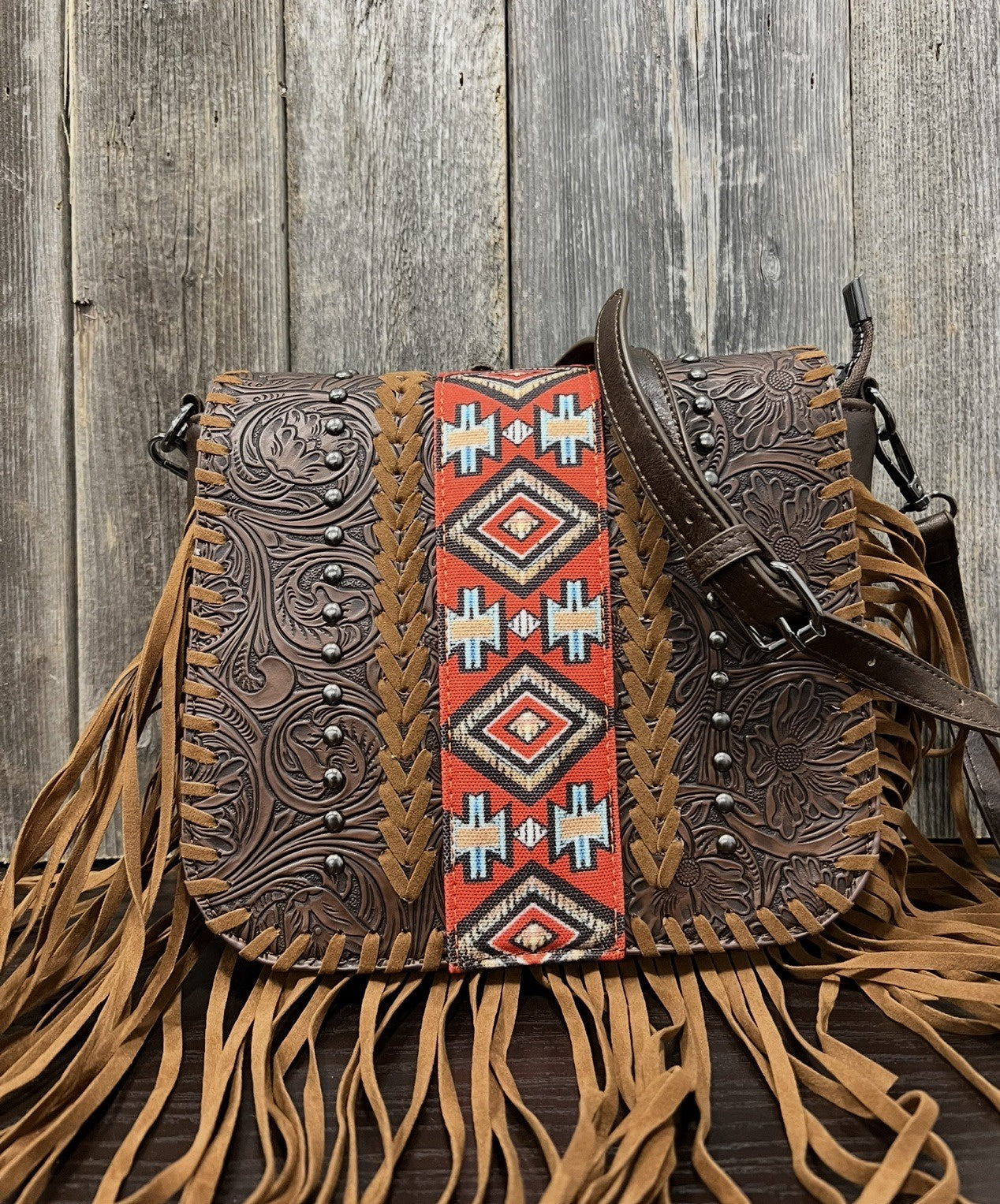 WOMENS AZTEC/BROWN TOOLED LEATHER FRINGE PURSE