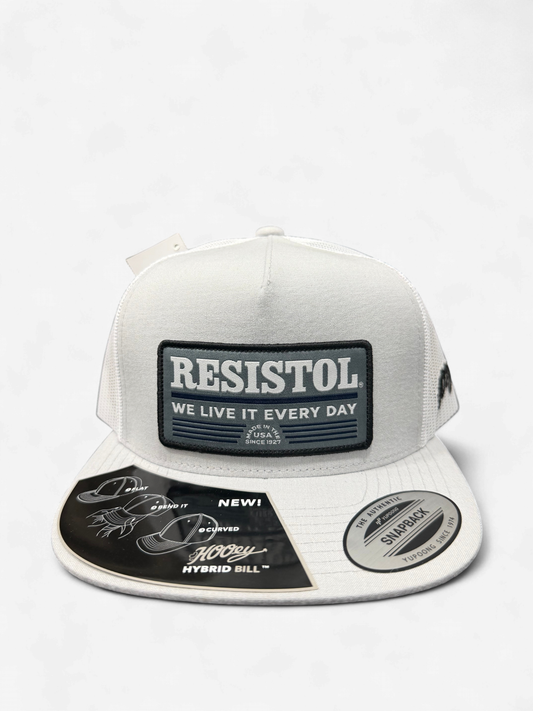 2652T-GYWH | HOOEY RESISTOL GREY/WHITE 5 PANEL TRUCKER WITH BLACK/BLUEWHITE RECTANGLE PATCH CAP